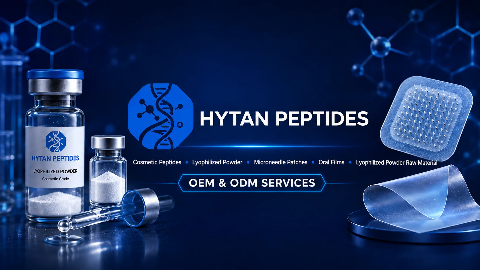 Hytan Peptides illustrated portfolio of peptide powder, microneedle patches and oral films