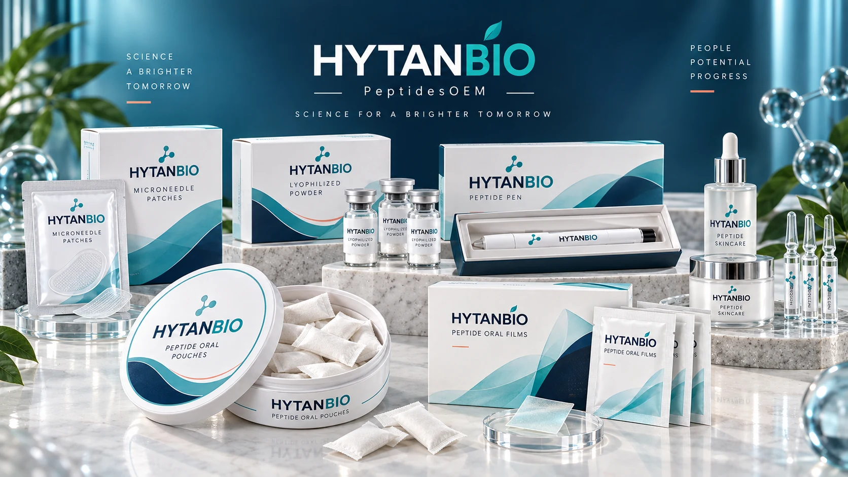 Hytanbio private label packaging and peptide format portfolio illustration